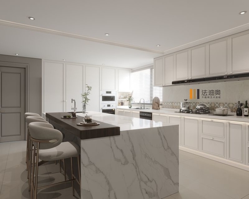 Refined Chic Modern Cream White Stainless Steel Kitchen Cabinetry With Luxurious Marble