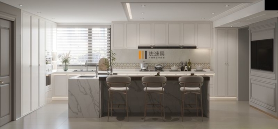 Refined Chic Modern Cream White Stainless Steel Kitchen Cabinetry With Luxurious Marble