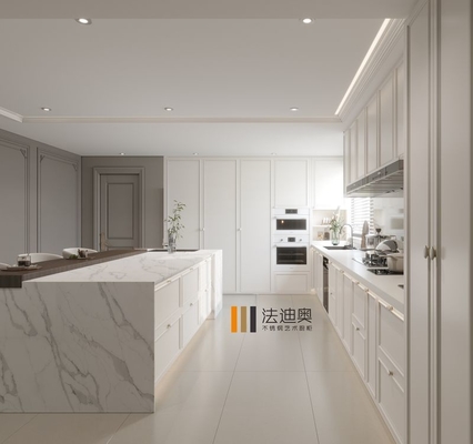 Refined Chic Modern Cream White Stainless Steel Kitchen Cabinetry With Luxurious Marble