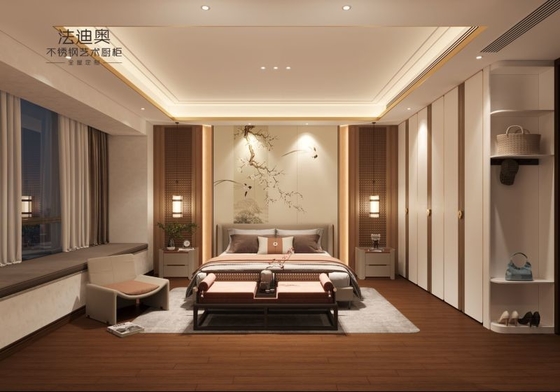 SS Metal Bedroom Wardrobes With Two Tone Design And Multiple Storage Options