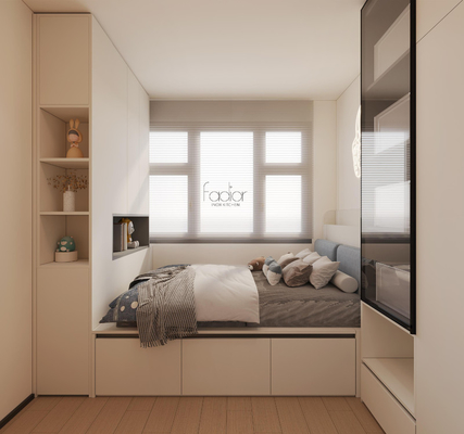 OEM Beige Tatami Storage Bed With Curved Edge Stainless Steel Corner Wardrobe