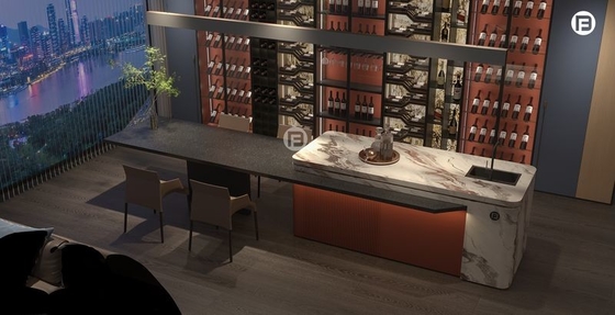 Stainless Steel Living Room Wine Cabinet With Dual-Tone Marble And Glass Back Panels