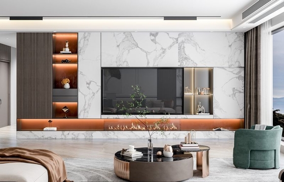 Luxe Marble And Stainless Steel TV Storage Unit With Orange Carcass Color
