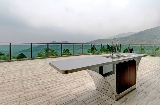 Boat Shaped Design Stainless Steel Outdoor Sink Cabinet With Rose Pink Wood Grain Accent