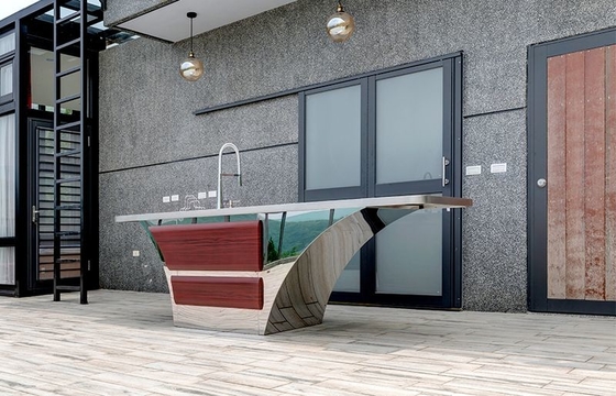 Boat Shaped Design Stainless Steel Outdoor Sink Cabinet With Rose Pink Wood Grain Accent