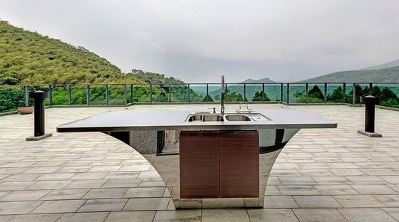 Boat Shaped Design Stainless Steel Outdoor Sink Cabinet With Rose Pink Wood Grain Accent