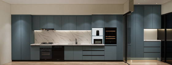 Sleek Cohesive Modern Kitchen Cabinet With Blue Grey Grill Panel Design