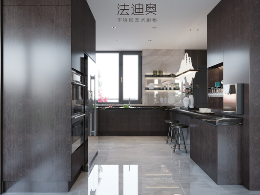 Luxe Espresso Wood Grain Stainless Steel Cabinets For Timeless Kitchen Elegance