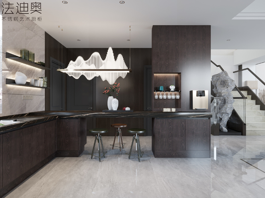 Luxe Espresso Wood Grain Stainless Steel Cabinets For Timeless Kitchen Elegance