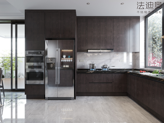 Luxe Espresso Wood Grain Stainless Steel Cabinets For Timeless Kitchen Elegance