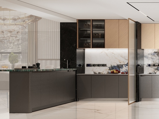 Sophisticated Residential Stainless Steel Kitchen Cabinets With Deep Gray And Brown Accents