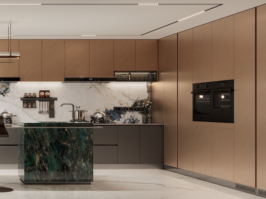 Sophisticated Residential Stainless Steel Kitchen Cabinets With Deep Gray And Brown Accents