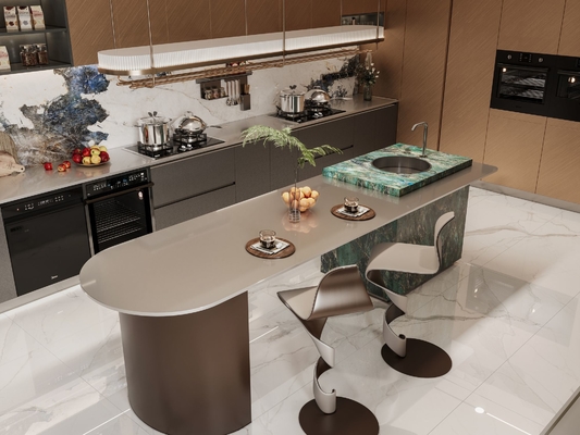 Sophisticated Residential Stainless Steel Kitchen Cabinets With Deep Gray And Brown Accents