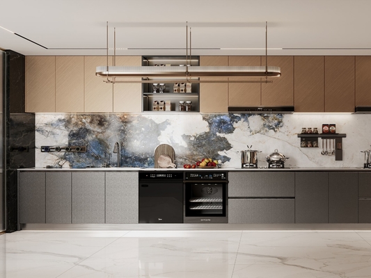 Sophisticated Residential Stainless Steel Kitchen Cabinets With Deep Gray And Brown Accents