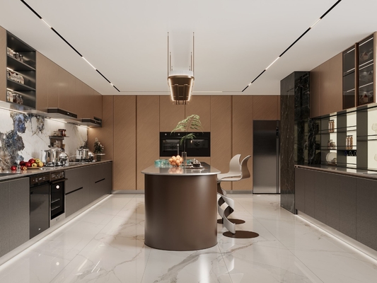 Sophisticated Residential Stainless Steel Kitchen Cabinets With Deep Gray And Brown Accents