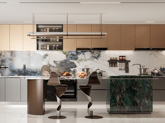 Sophisticated Residential Stainless Steel Kitchen Cabinets With Deep Gray And Brown Accents