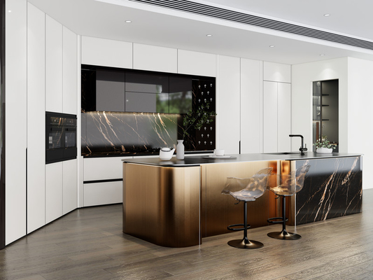 Luxury SS Modern Kitchen Cabinet With Multifunctional Curved Metallic Gold Island
