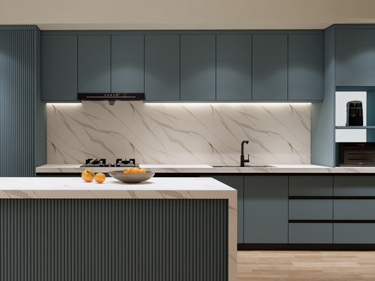 Sleek Cohesive Modern Kitchen Cabinet With Blue Grey Grill Panel Design