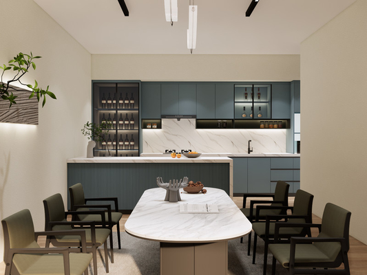 Sleek Cohesive Modern Kitchen Cabinet With Blue Grey Grill Panel Design