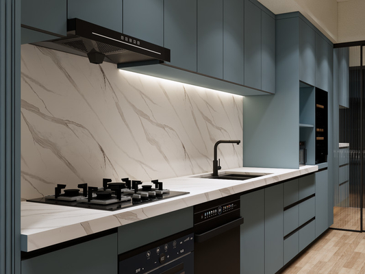 Sleek Cohesive Modern Kitchen Cabinet With Blue Grey Grill Panel Design