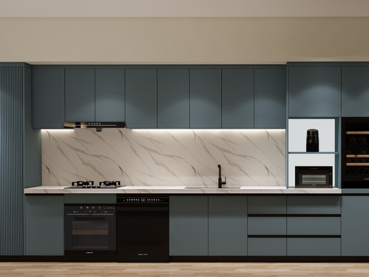 Sleek Cohesive Modern Kitchen Cabinet With Blue Grey Grill Panel Design
