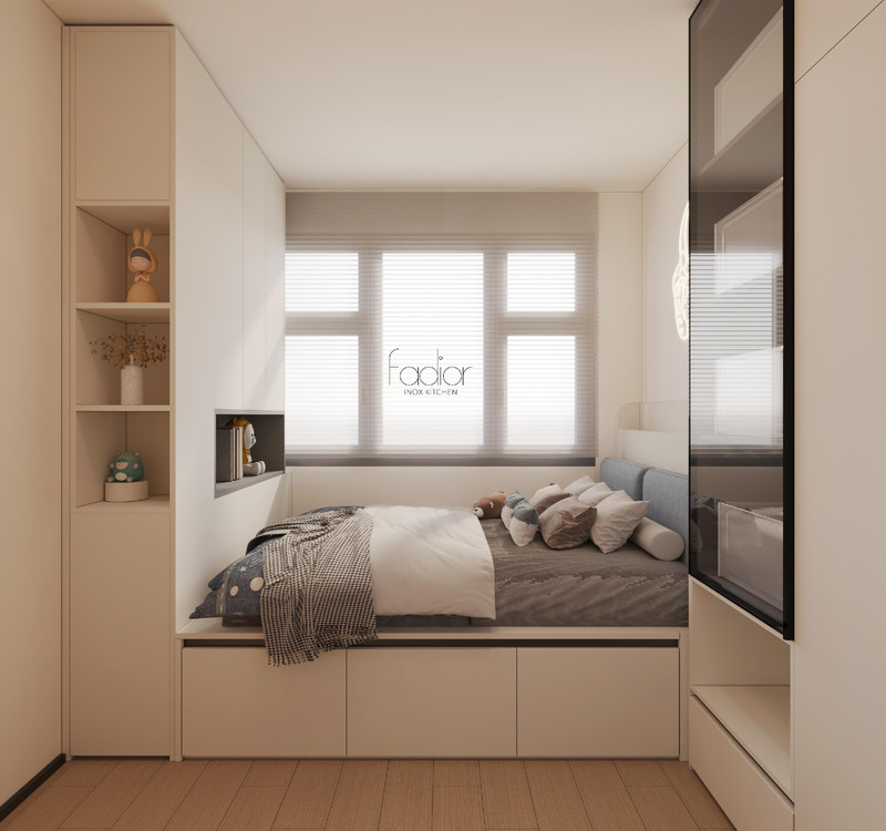 OEM Beige Tatami Storage Bed With Curved Edge Stainless Steel Corner Wardrobe