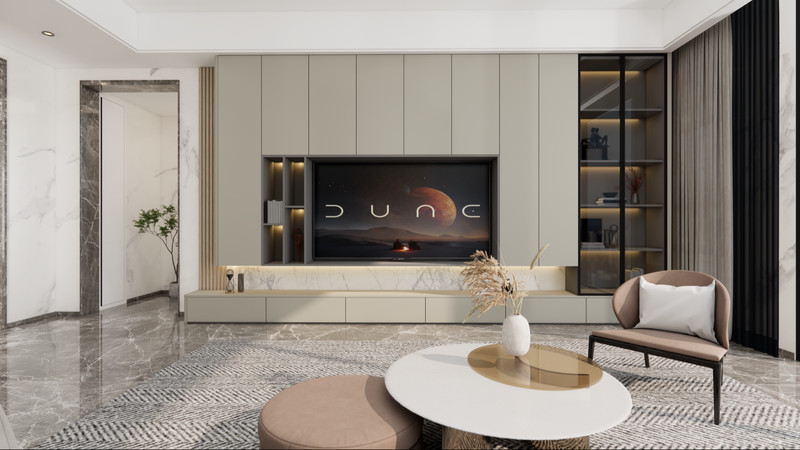 Custom Made TV Cabinet Solutions With Functional Storage And Off-White Almond Color