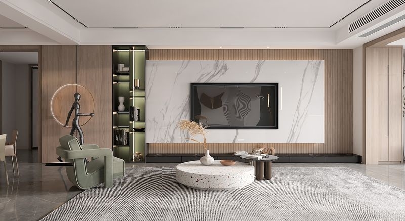 Elegant Practical Modern TV Cabinet Solution With Wood Grain And Pean Grey Carcass