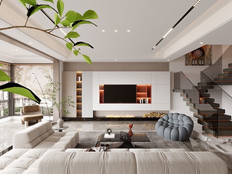 Sleek Minimalist Stainless Steel TV Cabinet Solution With Light Wood Grain