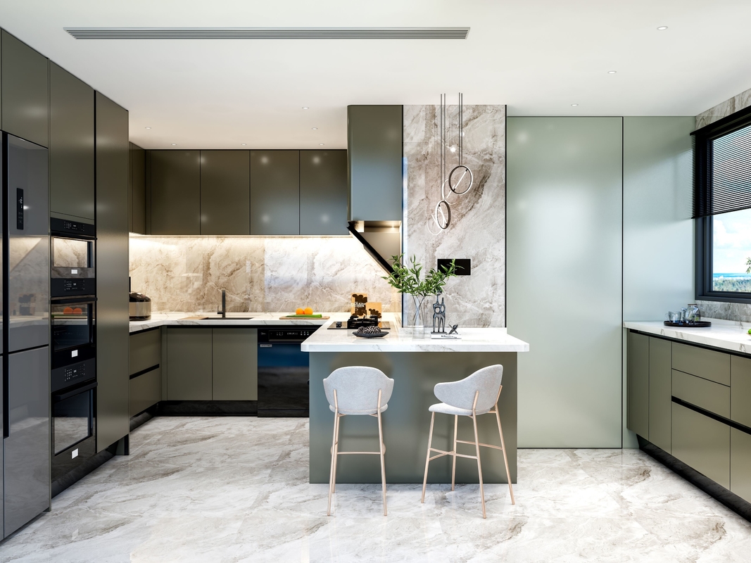 Fadior Luxury Olive Green SS Steel Kitchen Cabinets With Functional Storage