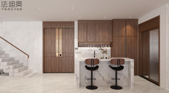 Klassisches und elegantes Edelstahlschrank im chinesischen Stil: Holzkorn und tiefer Holzton